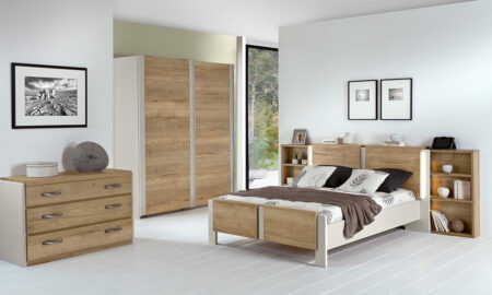 Lit pour literie 140 x 190 cm + bloc étagère et chevet